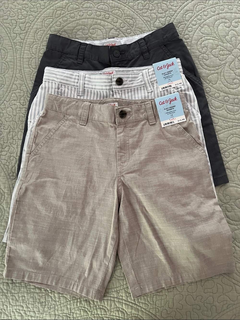 3 Cat & Jack Boy’s Flat Front Shorts Trio - Grey, White/Blue Stripe & tan linen